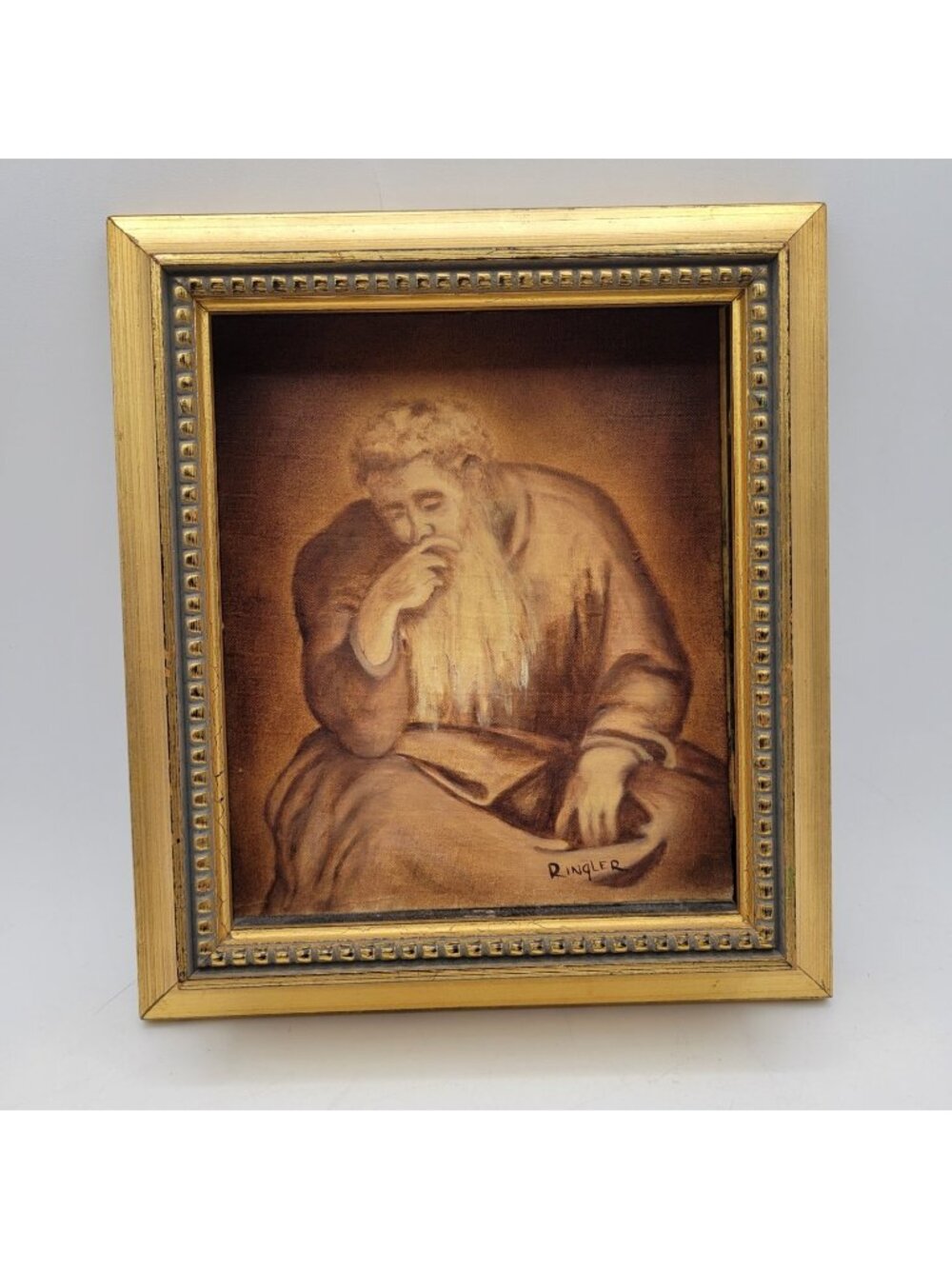 Vintage Hand-Painted Reproduction Michelangelos Jeremiah Fresco Sepia Framed Oil